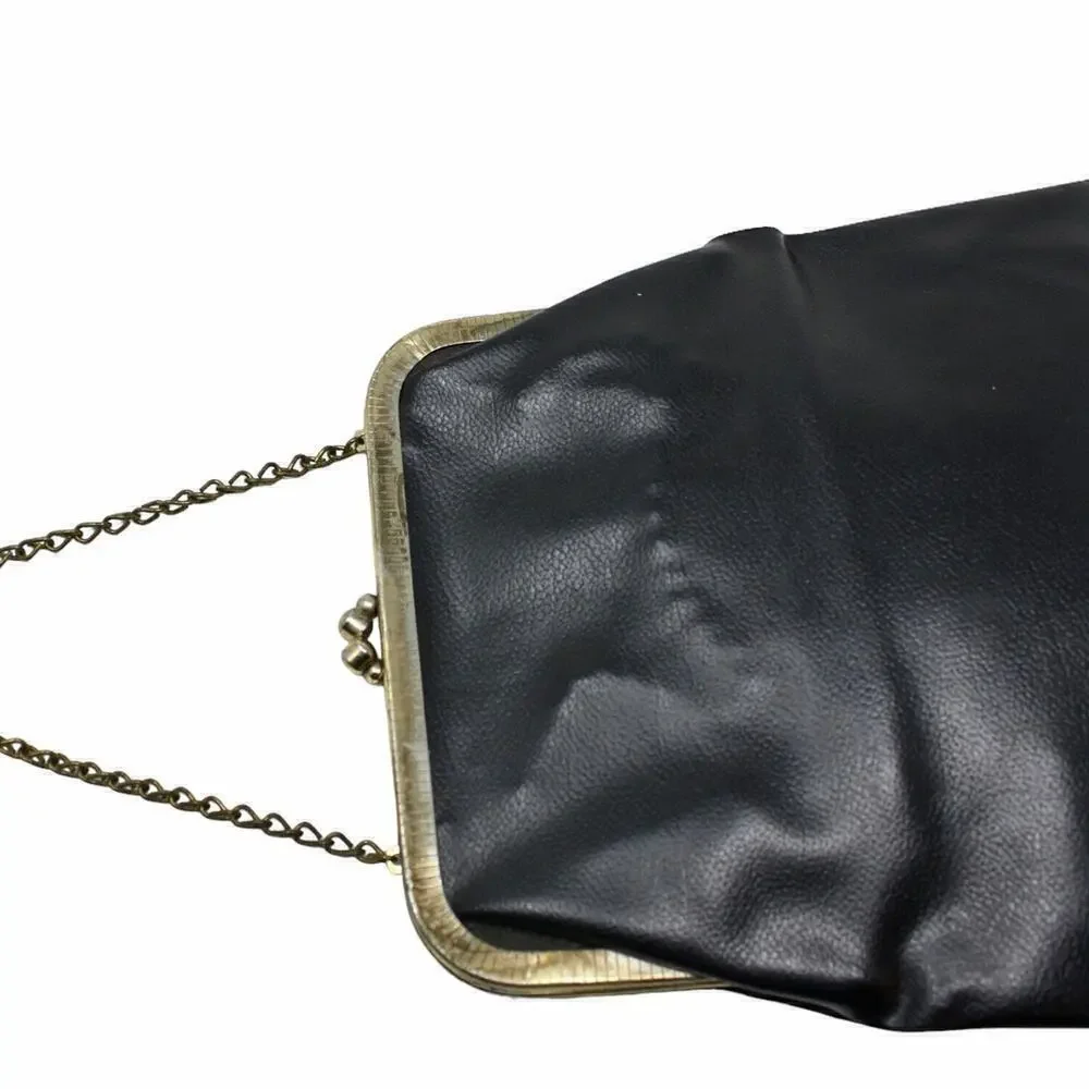Vintage Black Vinyl Flat Purse w Chain or Folded Clutch Metal Frame 9x9 -Hey Viv